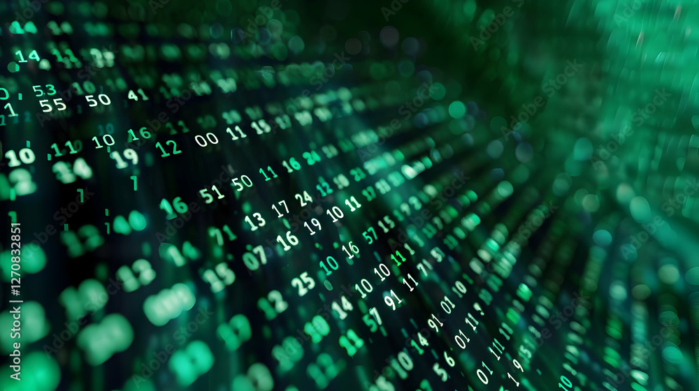 Poster abstract representation of cascading green binary code with a blurred digital background