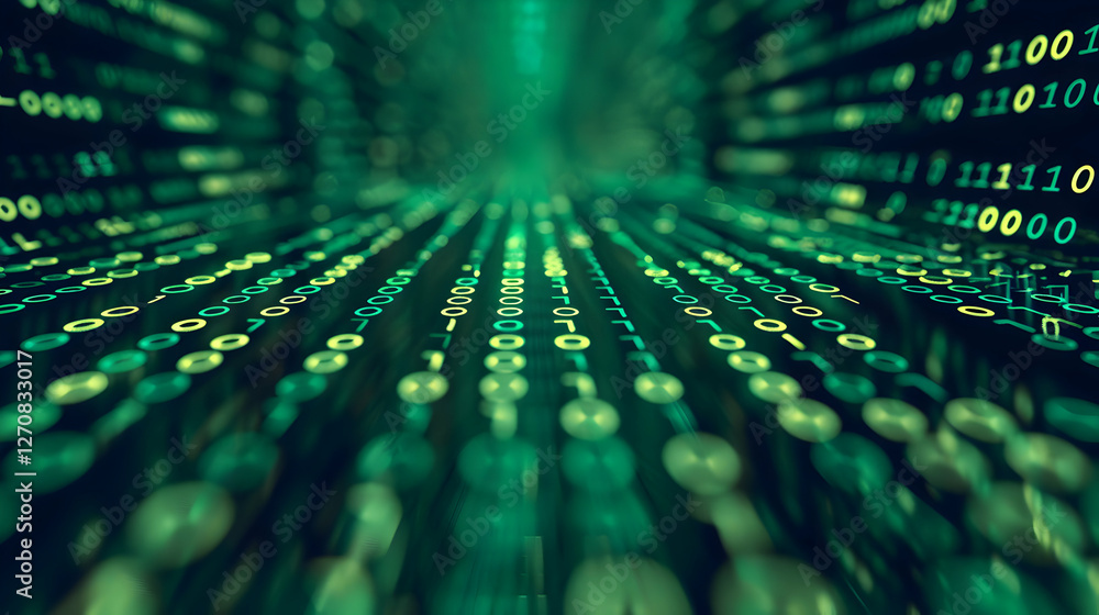 Poster abstract digital background showcasing flowing binary code in green hues, symbolizing data processin