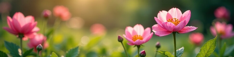 Naklejka premium Spring morning with dew-covered flowers in the garden, natural, blooms, dew