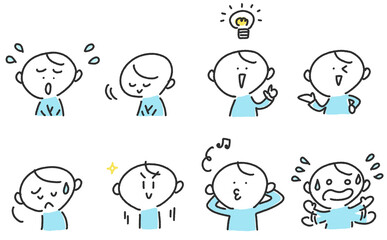 様々な表情の男性のセット　困る・落ち込む・ひらめく・慌てる