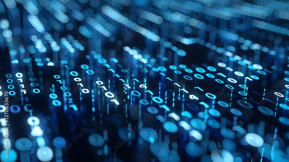 Poster abstract digital data streams with glowing blue binary code in a futuristic environment