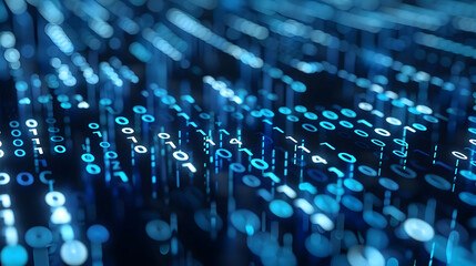 Fototapeta premium Abstract digital data streams with glowing blue binary code in a futuristic environment
