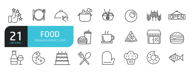 Fototapeta premium Set of line icons related to food, restaurant, menu, kitchen. Outline icons collection. Editable stroke. Vector illustration.