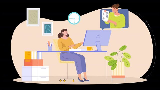 This vector character animation showcases the life of an office worker, with characters engaged in office tasks like communication, multitasking, and utilizing digital tools for productivity.
