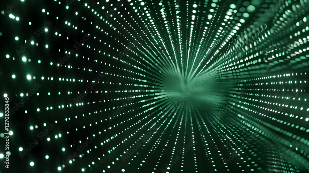 Poster abstract visualization of flowing green light particles creating a tunnel effect with depth