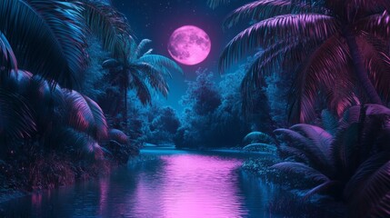 Fototapeta premium Enchanting tropic nightscape with a pink moon over still water amid neon palms