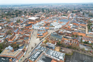 beautiful wide angle view of Wokingham town center, high streets and the landscape, Reading, Berkshire, England