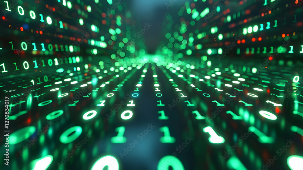 Poster abstract representation of digital data flow with green binary code in a futuristic environment (1)