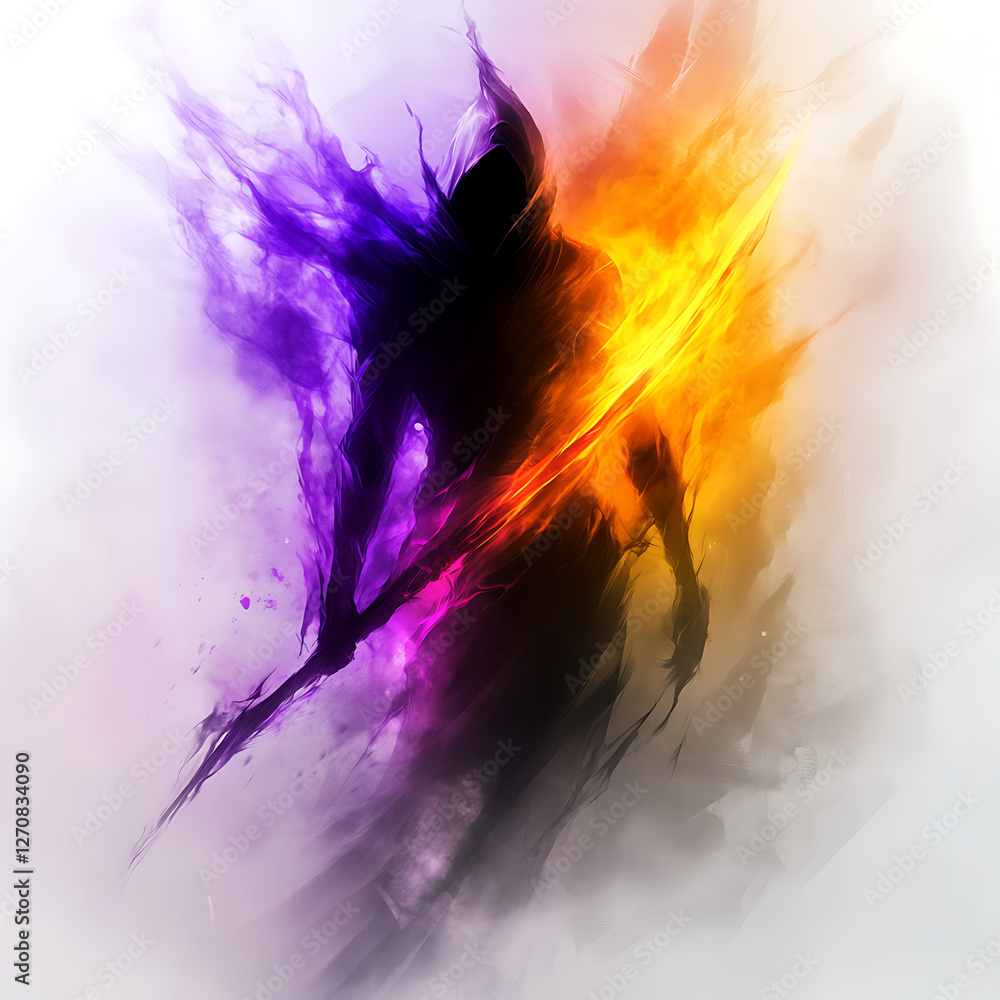 Poster spectral guardian cloaked in contrasting flames and shadows mysterious abstract entity art