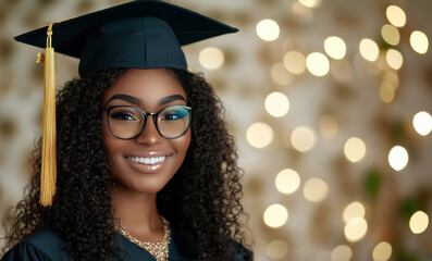 Graduation celebration featuring a female student smiling in cap and gown with glittering background lights