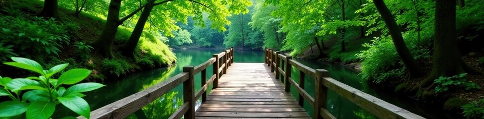 Obraz premium Wooden bridge crossing serene river with lush greenery, forest, calming