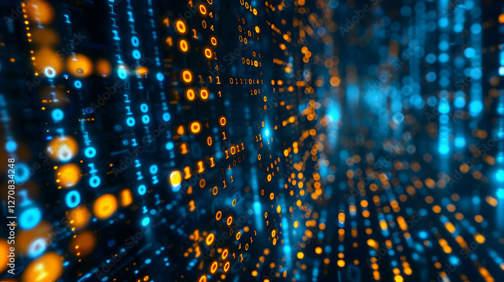 Poster abstract digital background with blue and orange binary code flowing through a futuristic space
