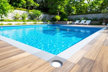 Luxurious poolside with wooden deck and lounge chairs surrounded by lush greenery in a serene backyard setting.