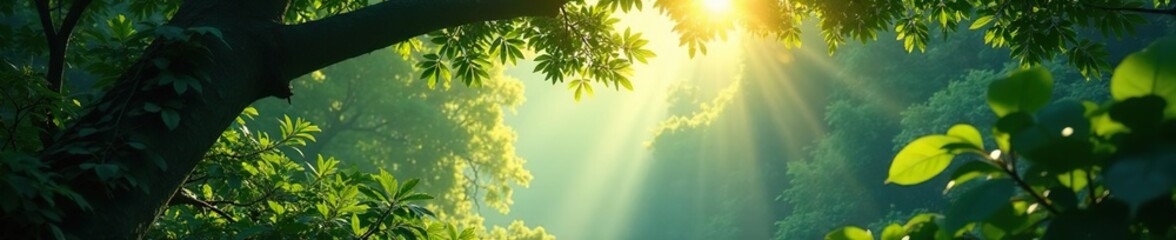 Obraz premium Dappled sunlight filters through the rainforest canopy, branch, rainforest