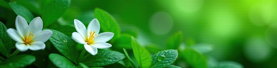 Fototapeta premium exotic white flowers on lush green foliage with dew drops, greenery, flowers, droplets