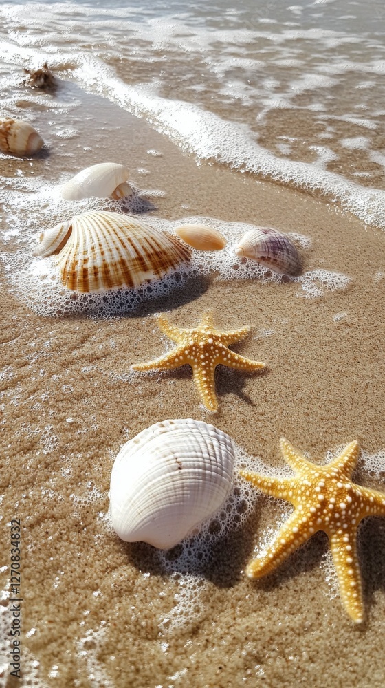 Canvas Prints Seashells and starfish on a sandy beach with gentle waves at sunset