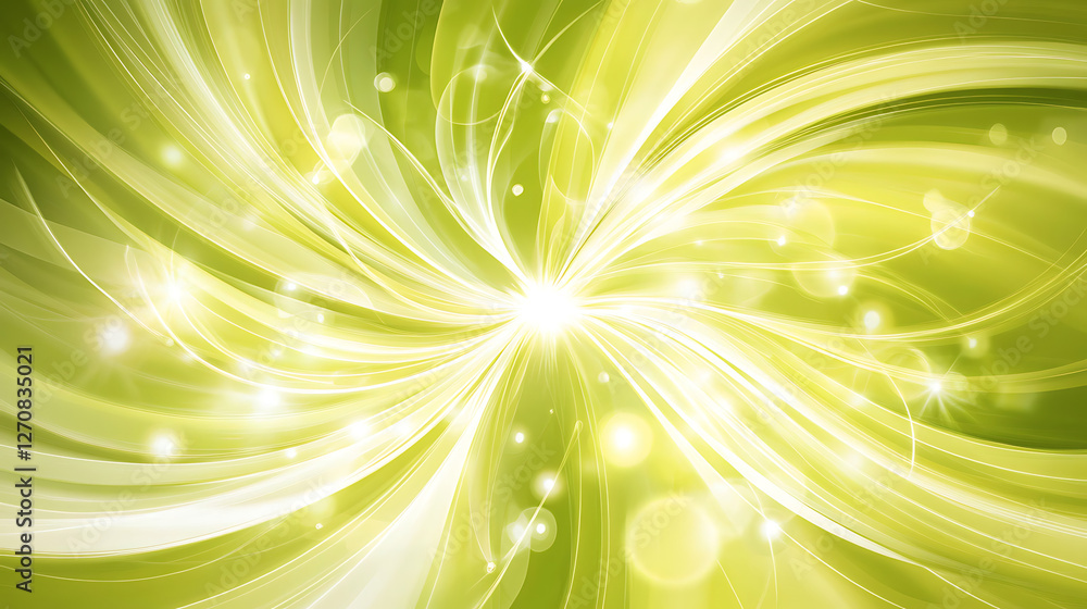 Poster spiraling light streaks radiating from central point on a green backdrop design elements