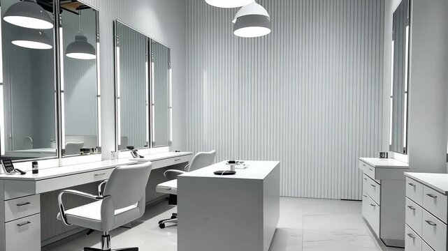 Modern hair salon interior design with bright lighting and elegant furnishings featuring styling stations and mirrors