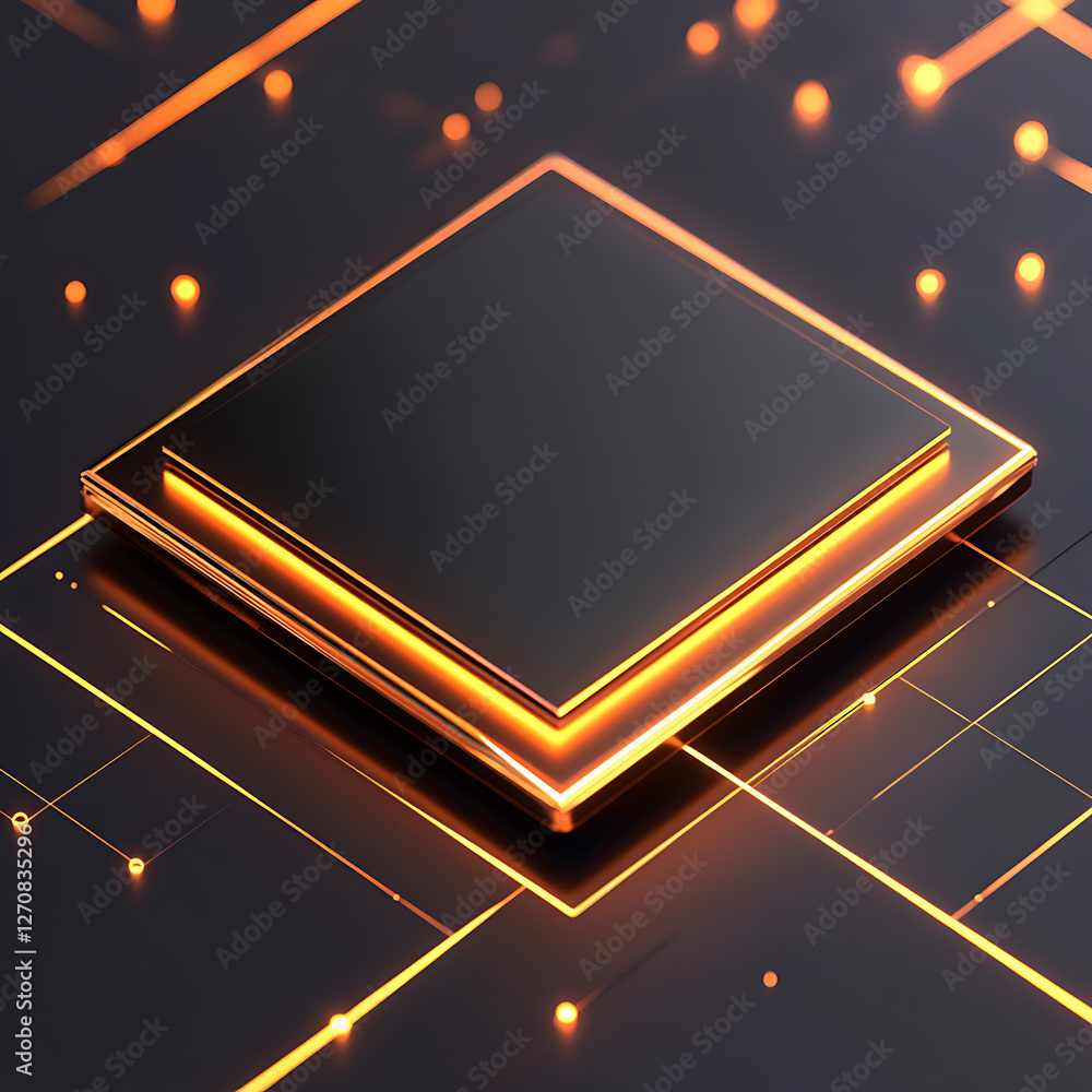 Poster square platform with orange illuminated lines and glowing orbs high tech design element