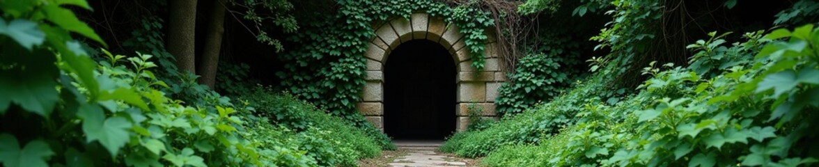 Naklejka premium Dense foliage surrounds ancient stone door hidden behind vines, secret passage, vegetation, canyon