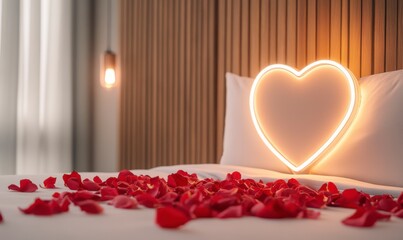 Romantic Bedroom with Red Rose Petals and Neon Heart Light