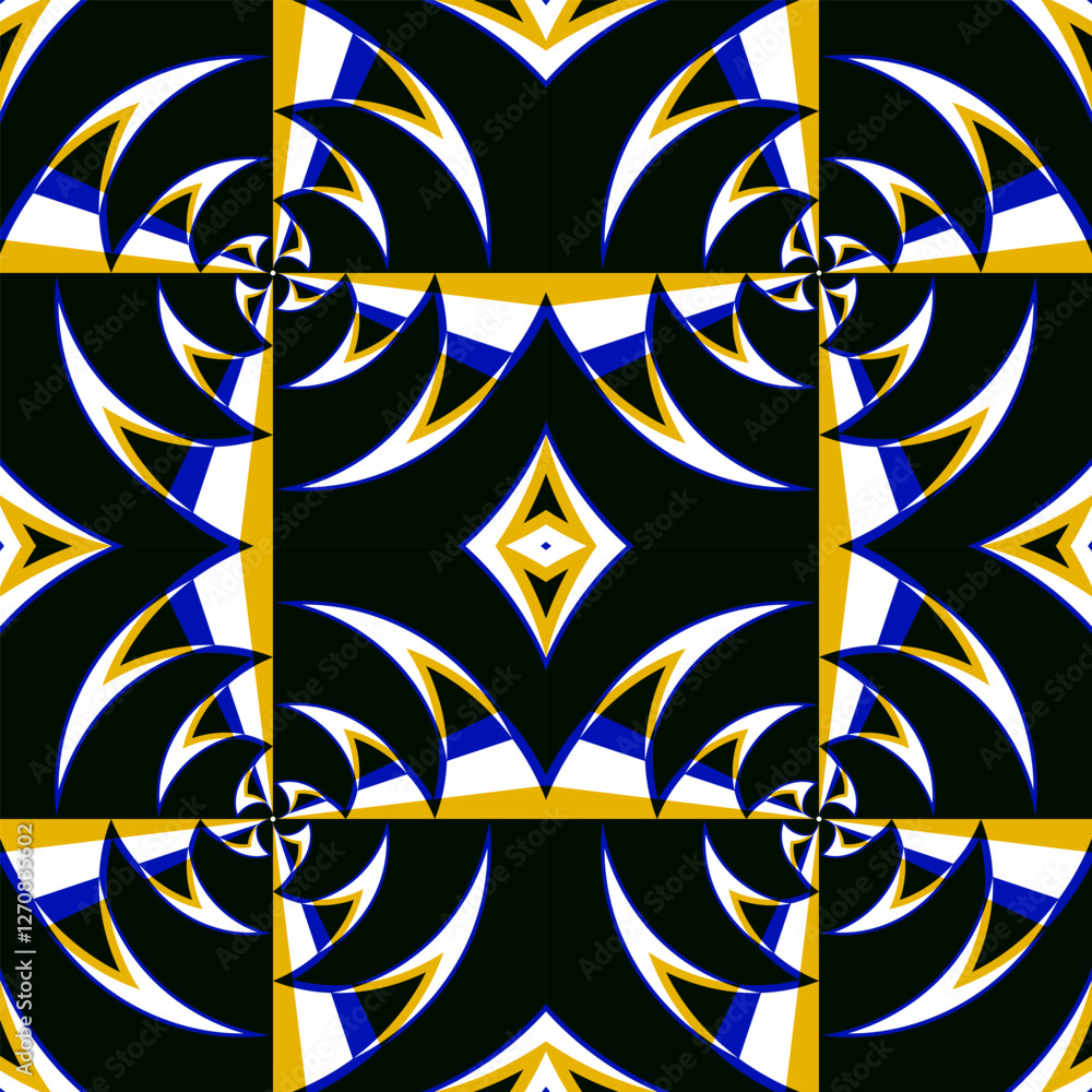 Poster a symmetrical geometric pattern with curved and layered shapes creating an optical illusion. the bla