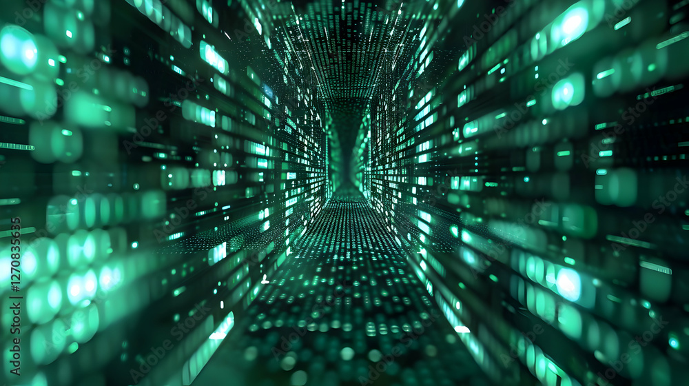 Aufkleber futuristic digital tunnel with glowing green data streams, creating a sense of depth and motion