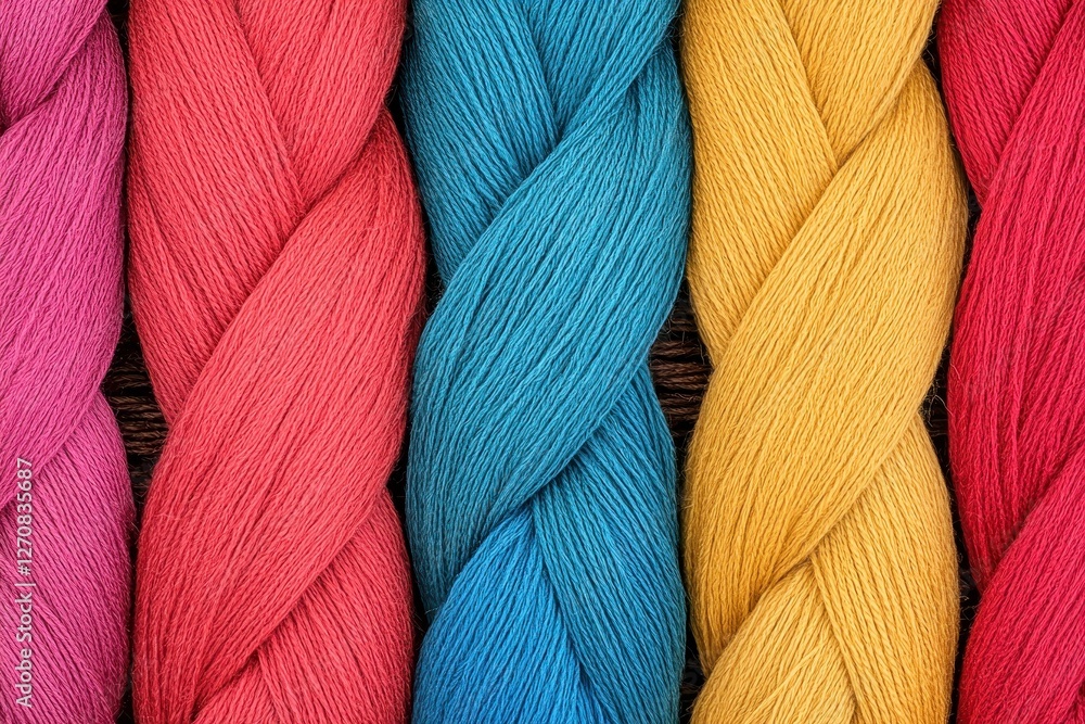Poster brightly colored yarn spools in a row for crafting projects and textiles enthusiasts