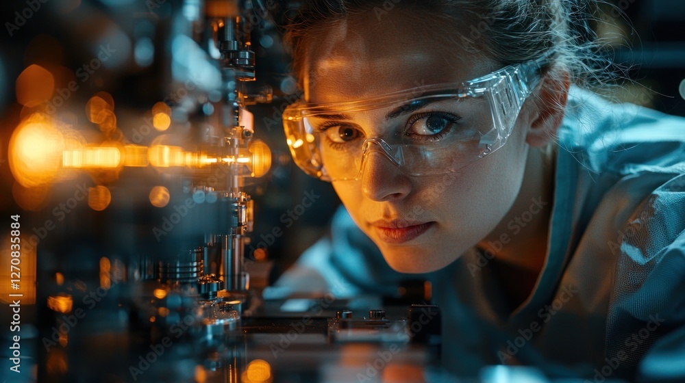 Poster focused scientist using advanced equipment in laboratory setting