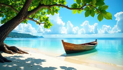 Obraz premium Wooden boat partially submerged in calm waters on a sandy shore, sandy shore, tree