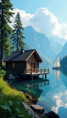 Fototapeta premium Wooden cabin on lake with sailboat in the background, cabin, sailboat