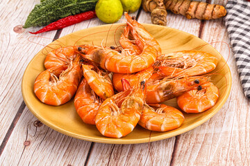 Tasty hot big boiled prawns