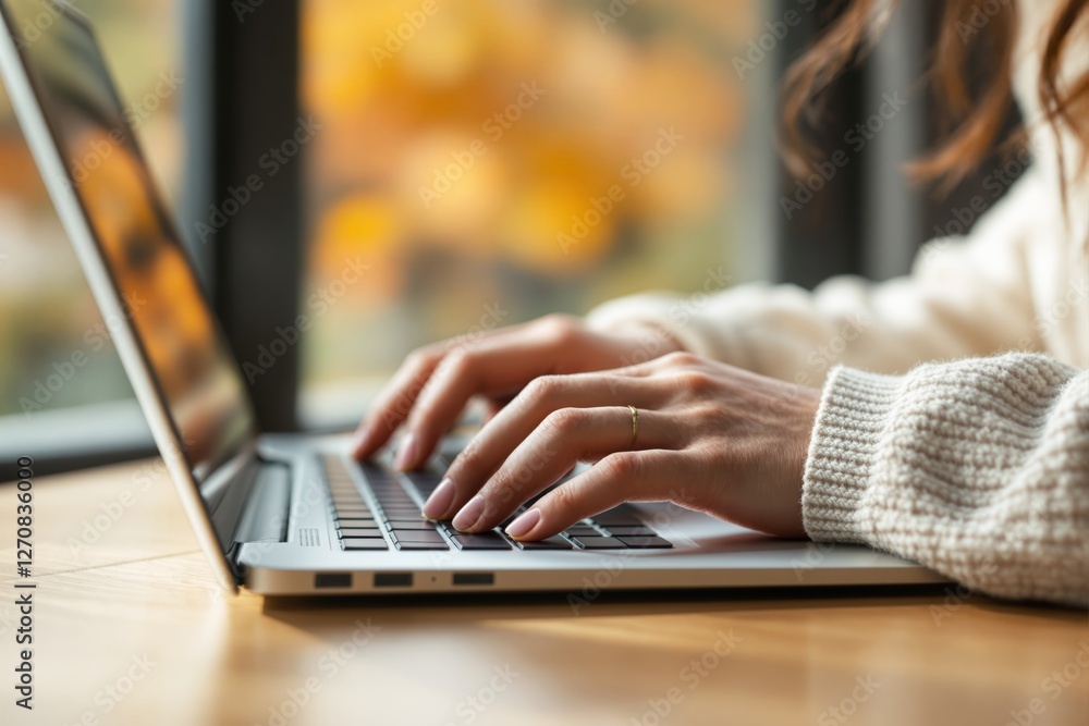 Poster close-up of hands typing on a laptop keyboard in cozy light.