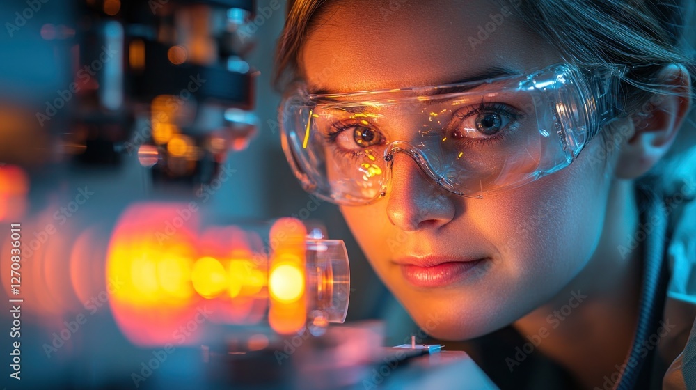 Poster focused scientist analyzing data with equipment in laboratory setting