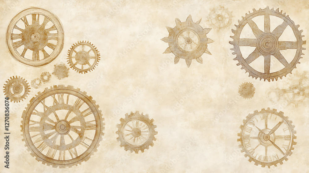 Poster steampunk gears and clockwork mechanisms on aged parchment background time machine design elements