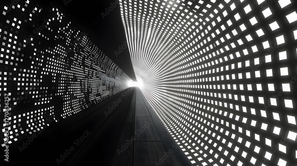 Poster abstract tunnel of light with grid patterns and a bright exit, evoking a sense of depth and motion