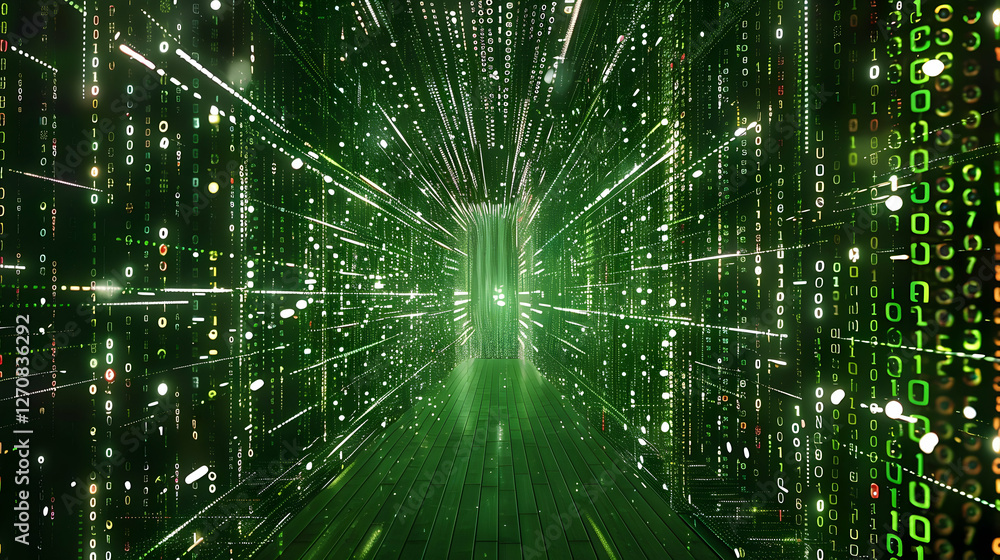 Poster futuristic digital tunnel with flowing green binary code, symbolizing technology and data