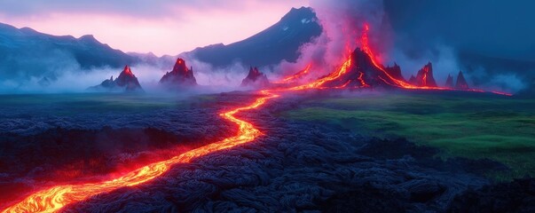 Fototapeta premium Volcanic landscapes idea. A stunning volcanic eruption with flowing lava and dramatic landscape under colorful sky.