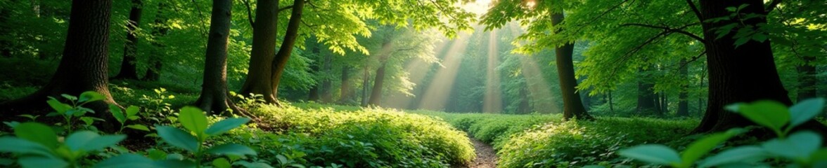 Fototapeta premium Dappled sunlight filtering through the canopy of a northern highbush blueberry thicket, foliage, trees, landscape