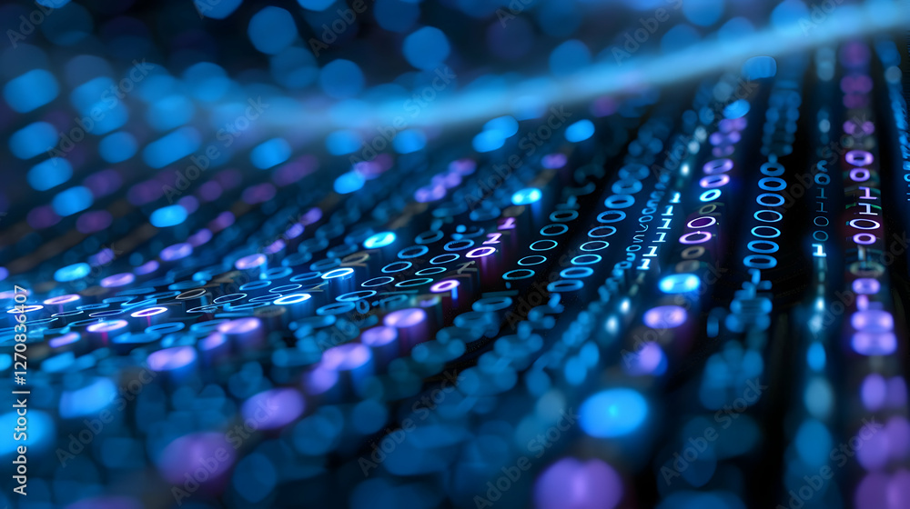 Poster vibrant digital landscape showcasing flowing binary code with glowing colors in a tech environment