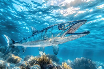 Fototapeta premium Captivating underwater encounter with a barracuda swimming gracefully near vibrant coral reefs in crystal-clear ocean waters during daylight hours