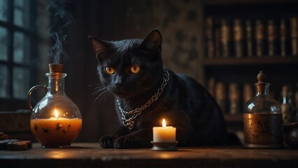 A gothic alchemist cat with glowing arcane tattoos, brewing a mysterious potion.