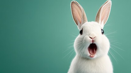 Curious white rabbit displays shock with wide-open mouth against a green backdrop in a playful moment
