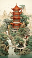Fototapeta premium Beautiful pagoda surrounded by lush greenery and flowing waterfalls in a serene mountainous landscape during late afternoon