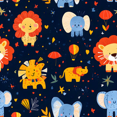 Colorful cartoon animals including lions and elephants on a dark background.