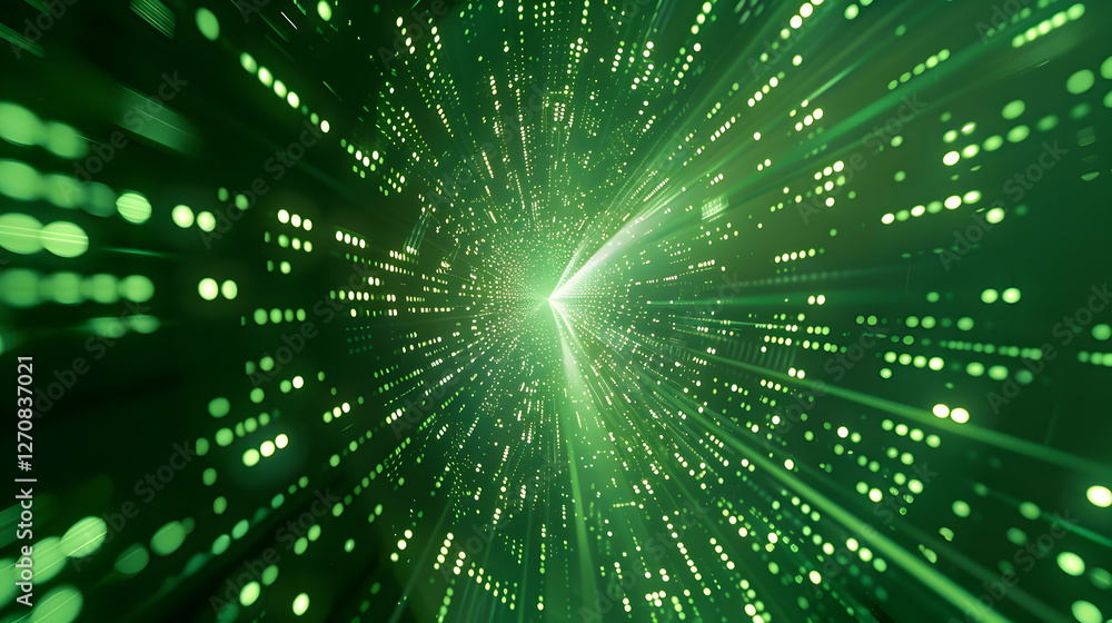 Poster abstract green light tunnel with glowing particles creating a sense of depth and motion