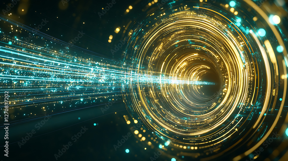 Poster stream of light traveling through data tunnel network innovation concept with colorful orbs