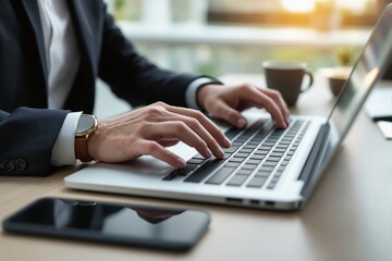 Business professional typing on laptop at desk with smartphone and coffee.