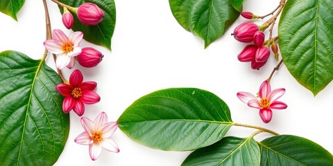 Obraz premium Tamarind leaf and flower arrangement on white background for framing with copy space, white background, flower, botanical