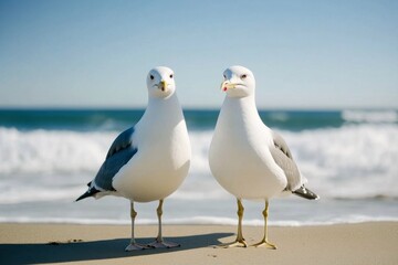 Obraz premium Two seagulls standing on sandy beach under clear blue sky beside gentle ocean waves